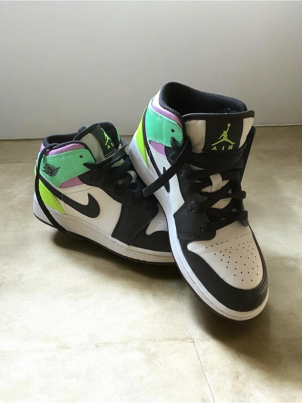 Nike Air Jordan 1 Mid — White, Black, Mint Green, Neon Yellow & Pink
